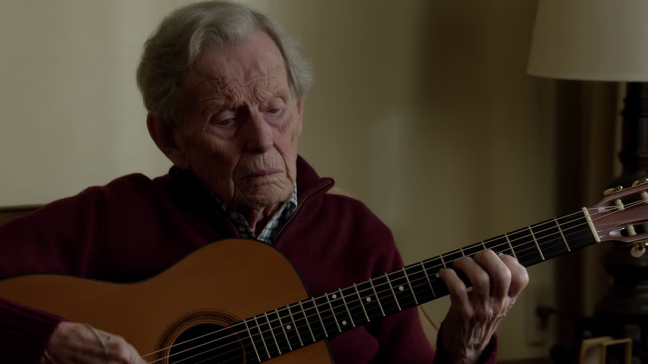 Anziano che Suona la Chitarra Acustica al Chiuso