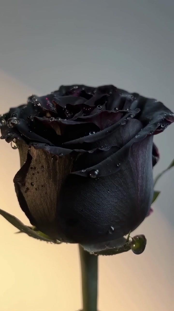 Macro di una rosa scura con goccioline d'acqua che ruota lentamente