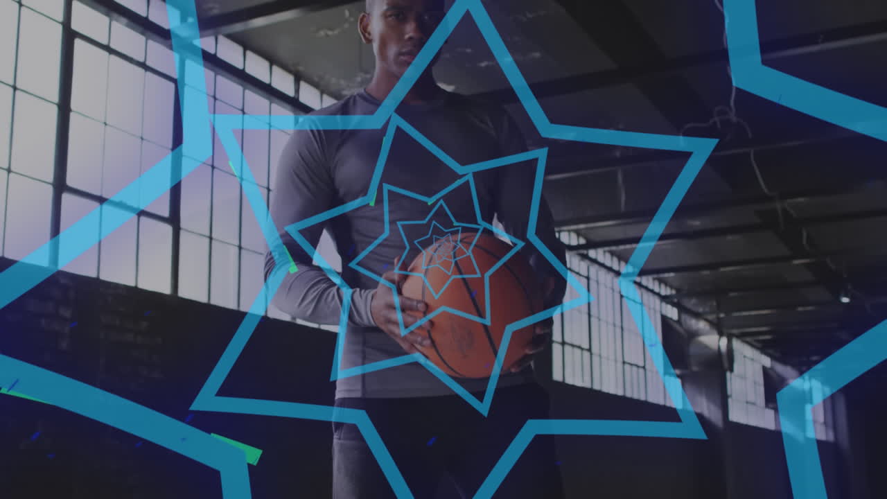 composición digital de formas de inicio moviéndose contra un hombre afroamericano practicando baloncesto