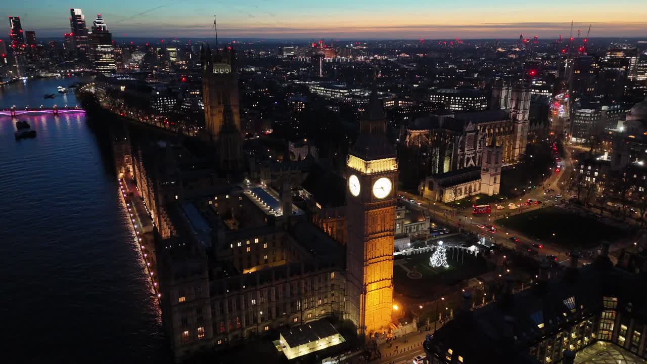 Big Ben , Houses of Parliament London UK view at dusk aerial view 4K footage