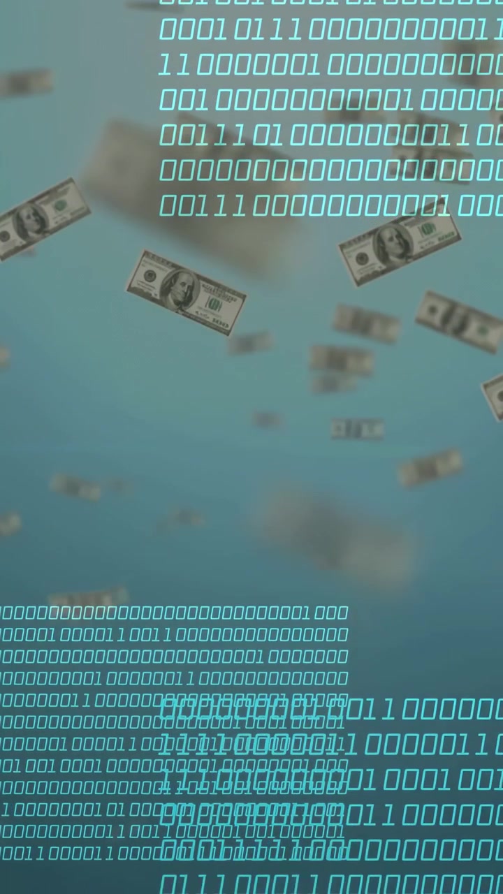 Video verticale: Banconote USD che cadono, generando una griglia binaria ciano che sale dal centro, mostrando il flusso fintech.