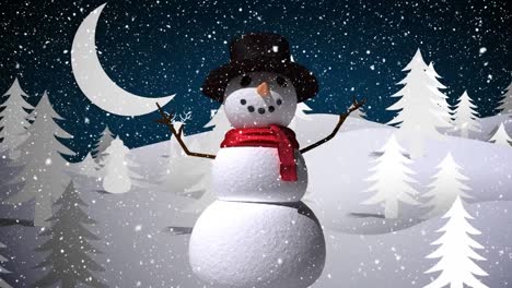 animation of santa claus in sleigh with reindeer over snowman, snow falling and moon