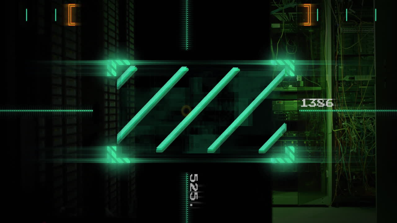 Green futuristic loading bar animation over server room background