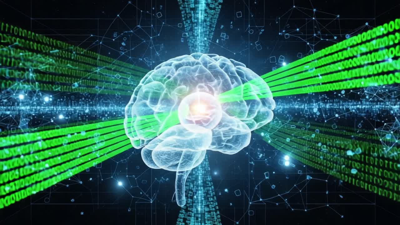 A Digital Representation of the Human Brain with Data Streams and Binary Code Illustrating the Intersection of Neuroscience and Technology in a Visual Concept