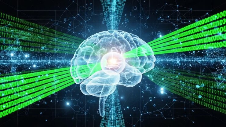 A Digital Representation of the Human Brain with Data Streams and Binary Code Illustrating the Intersection of Neuroscience and Technology in a Visual Concept