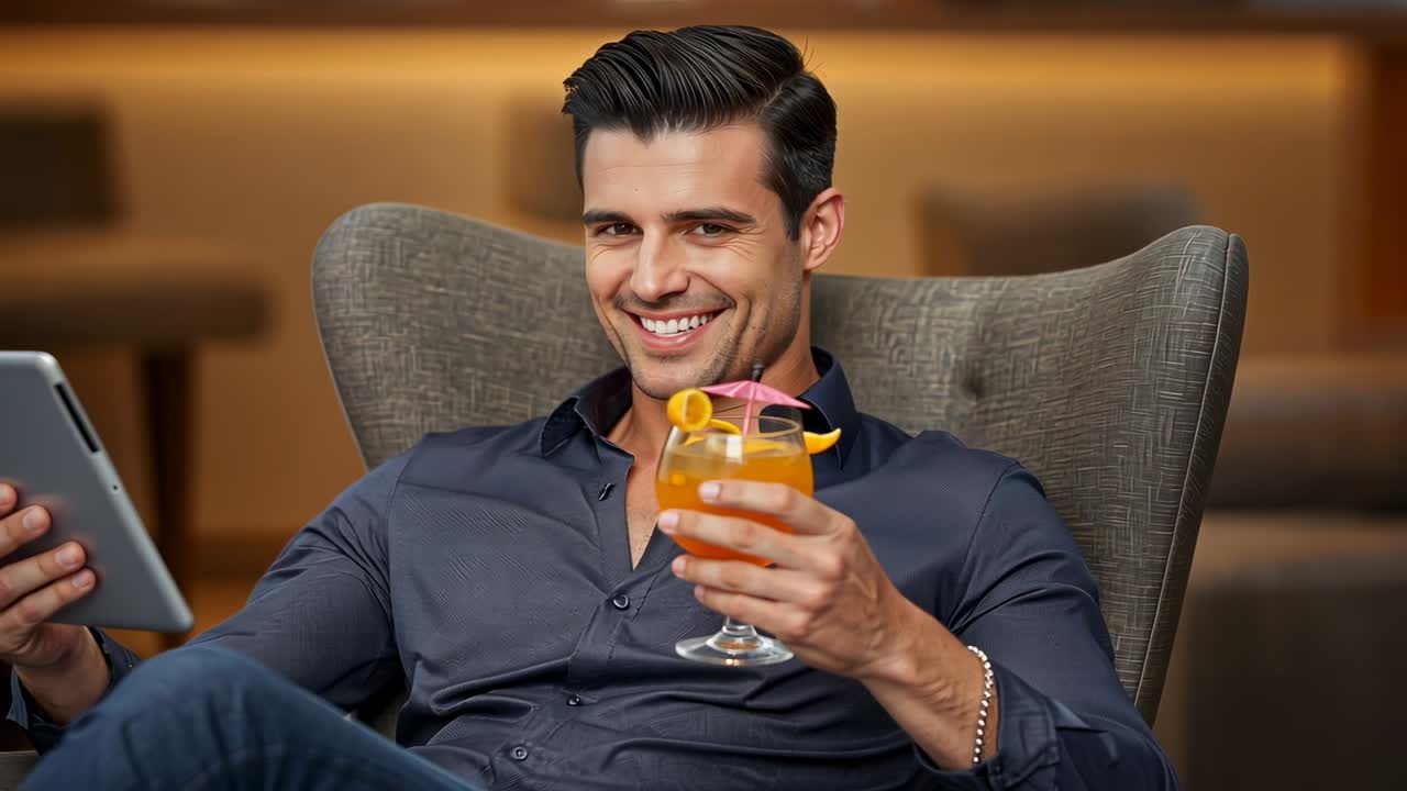 Recording blue shirted man shifting tablet and lifting cocktail with umbrella in lounge armchair