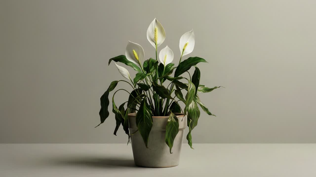 Pianta di giglio della pace in vaso che appassisce, poi rivive e fiorisce con fiori bianchi su sfondo neutro.
