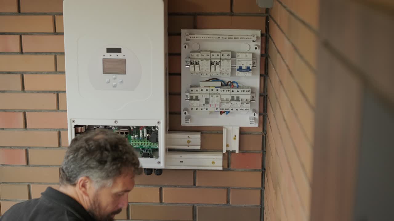un electricista instalando un inversor en un hogar. la imagen muestra habilidad técnica, herramientas modernas y atención a la seguridad en el trabajo eléctrico