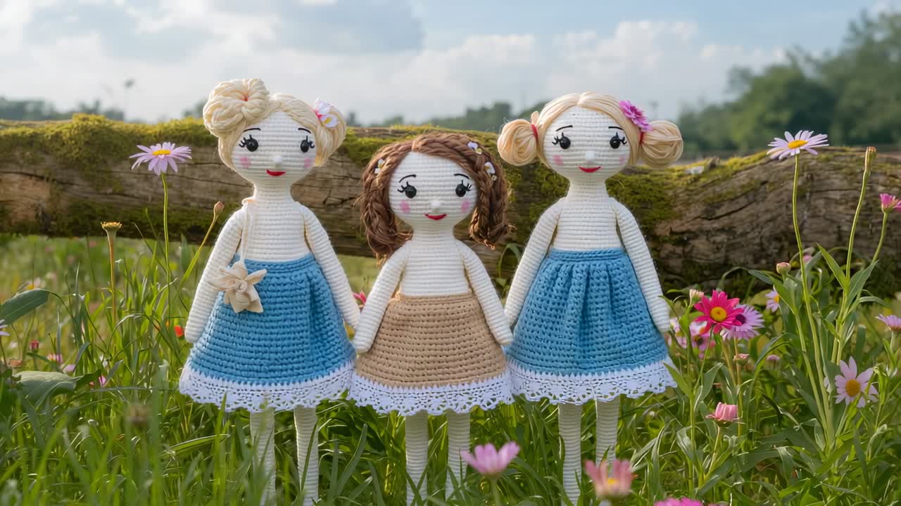 Zooming camera bringing three crocheted dolls into focus in meadow, with mossy log and daisies