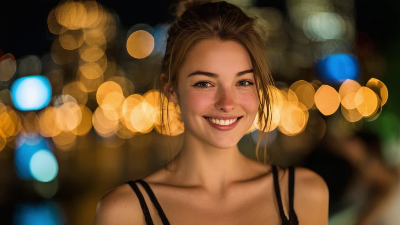 A Joyful Evening Portrait of a Young Woman Against a Vibrant Cityscape, Illuminated by Bokeh Lights, Capturing Radiance and Charm