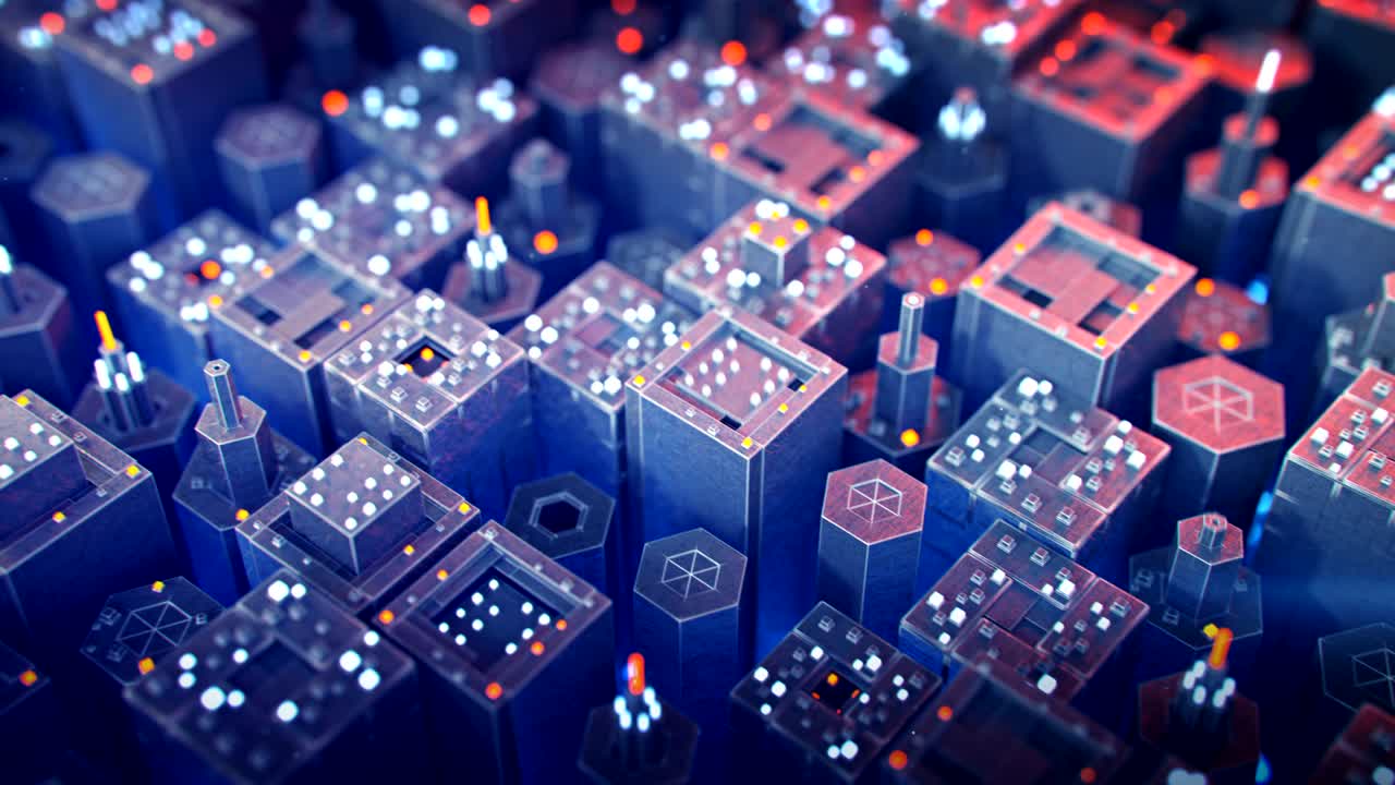 volando sobre el micro-mundo industrial azul y rojo bucle sin costuras animación de renderización 3d