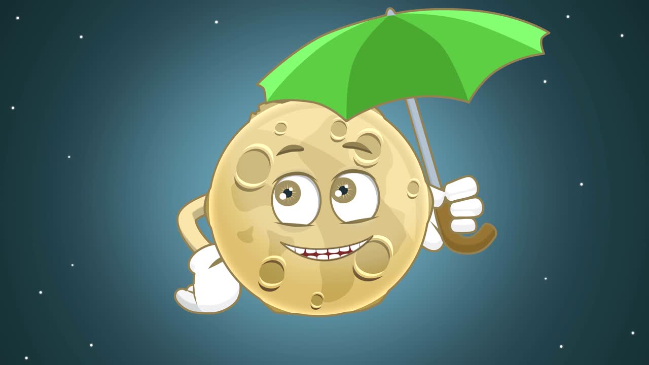 알파 매트와 함께 얼굴 애니메이션과 함께 우산 아래 귀여운 달 만화