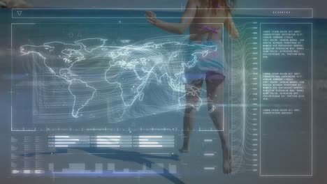 animation of digital screen with data over caucasian woman running on beach