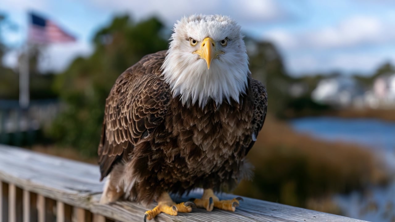 Majestätischer Weißkopfseeadler sitzt anmutig auf einem Geländer, strahlt Selbstvertrauen und Stärke aus, mit einem malerischen Hintergrund, der seine königliche Präsenz unterstreicht