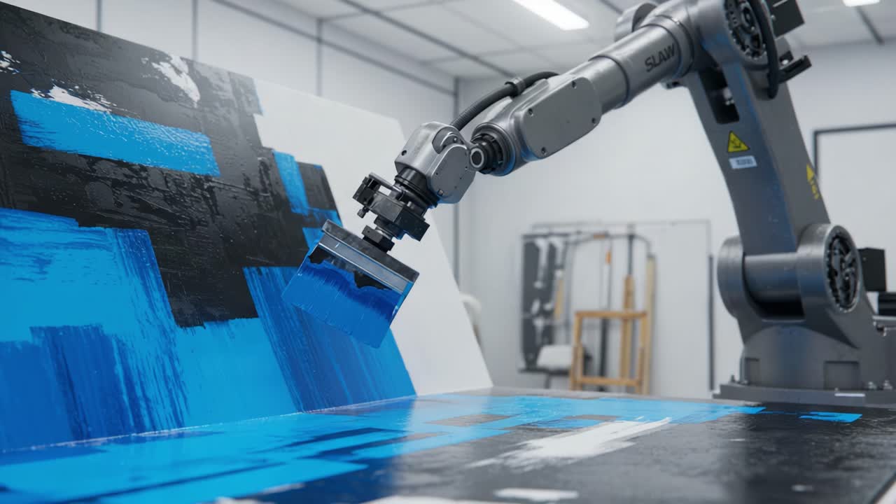 Innovative Robotic Arm Applying Vibrant Blue Paint to Canvas in an Artistic Studio, Showcasing the Intersection of Art and Technology in Modern Creative Processes