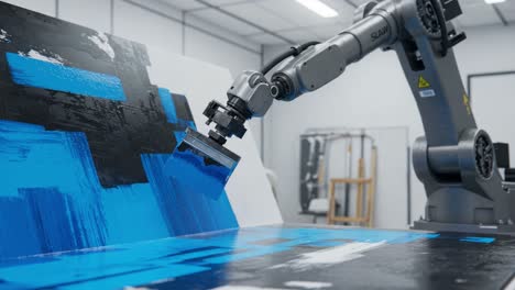 innovative robotic arm applying vibrant blue paint to canvas in an artistic studio, showcasing the intersection of art and technology in modern creative processes