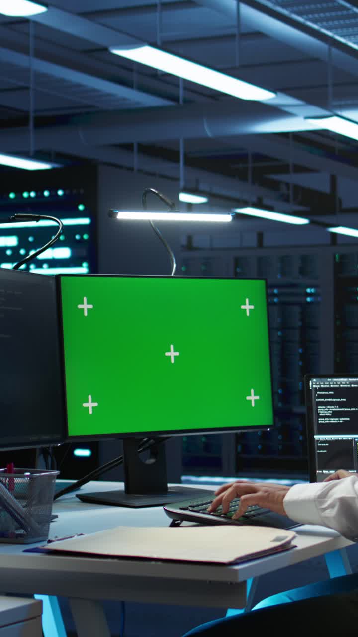 Persona che digita sulla tastiera con monitor a schermo verde in una server room