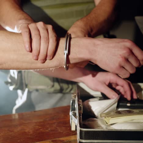 a policeman in the form is arresting a gangster at the crime scene near full suitcase of drugs, money and a gun. drug trafficking