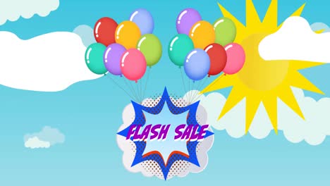 Animation-of-flash-sale-text-in-purple-over-retro-speech-bubble-with-balloons-over-sun-on-sky