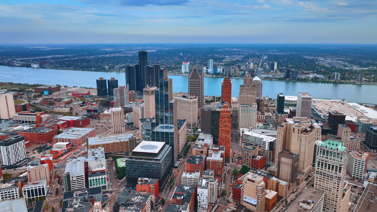 Detroit, USA, 28 July 2025: Detroit skyline above the riverfront. Downtown Detroit towers line the bright riverfront horizon
