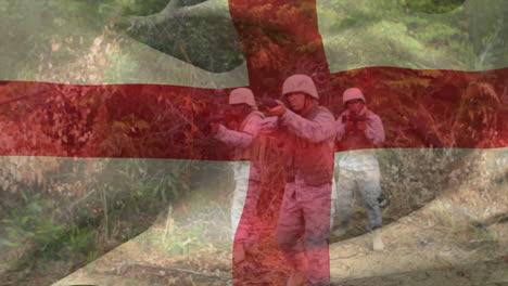 animation of flag of england over caucasian male soldiers holding weapons and walking in forest