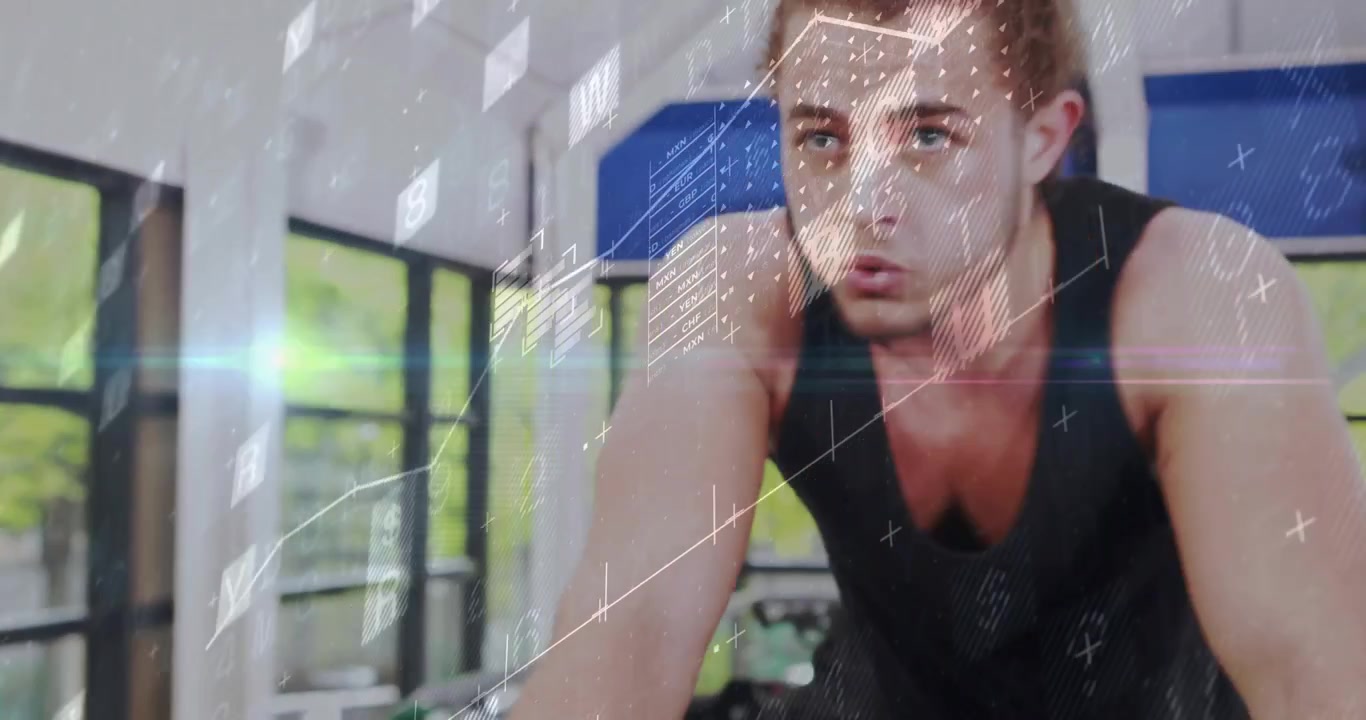 Appassionato di fitness che pedala su una cyclette, con grafici di dati sovrapposti che monitorano le metriche di performance.