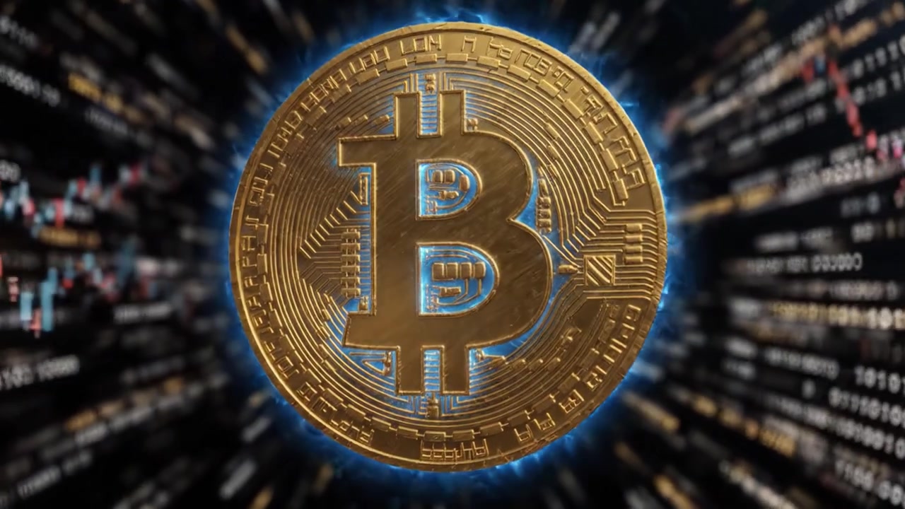 Un Incredibile Viaggio Visivo nel Mondo delle Criptovalute, Che Mostra l'Iconico Simbolo di Bitcoin Circondato da Dinamiche Tendenze di Mercato e Analisi dei Dati