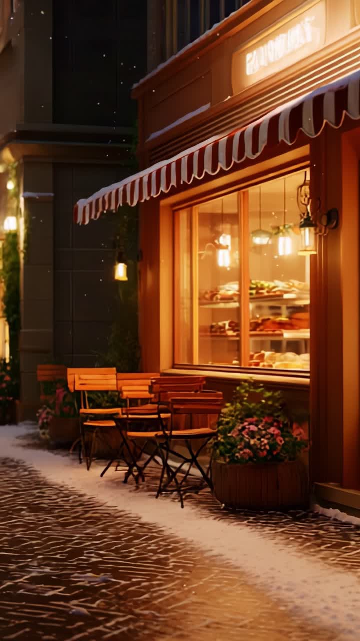 Incantevole scena di strada con un bar al crepuscolo: un'atmosfera accogliente con illuminazione soffusa e arredamento raffinato, che invita i clienti a godersi le delizie all'interno della panetteria in una splendida atmosfera serale