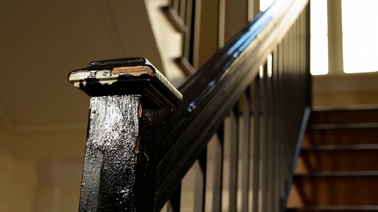 Close view of indoor staircase with worn black-painted handrail, newel post, and balusters beside bright window light, showing chipped finish, exposed wood grain, diagonal lines, and quiet