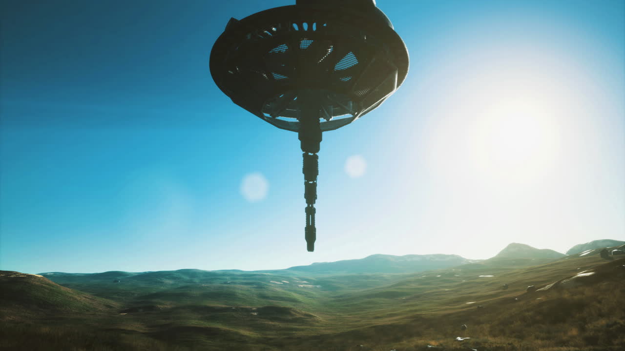Mysterious alien ship hovering over lush landscape under a clear blue sky