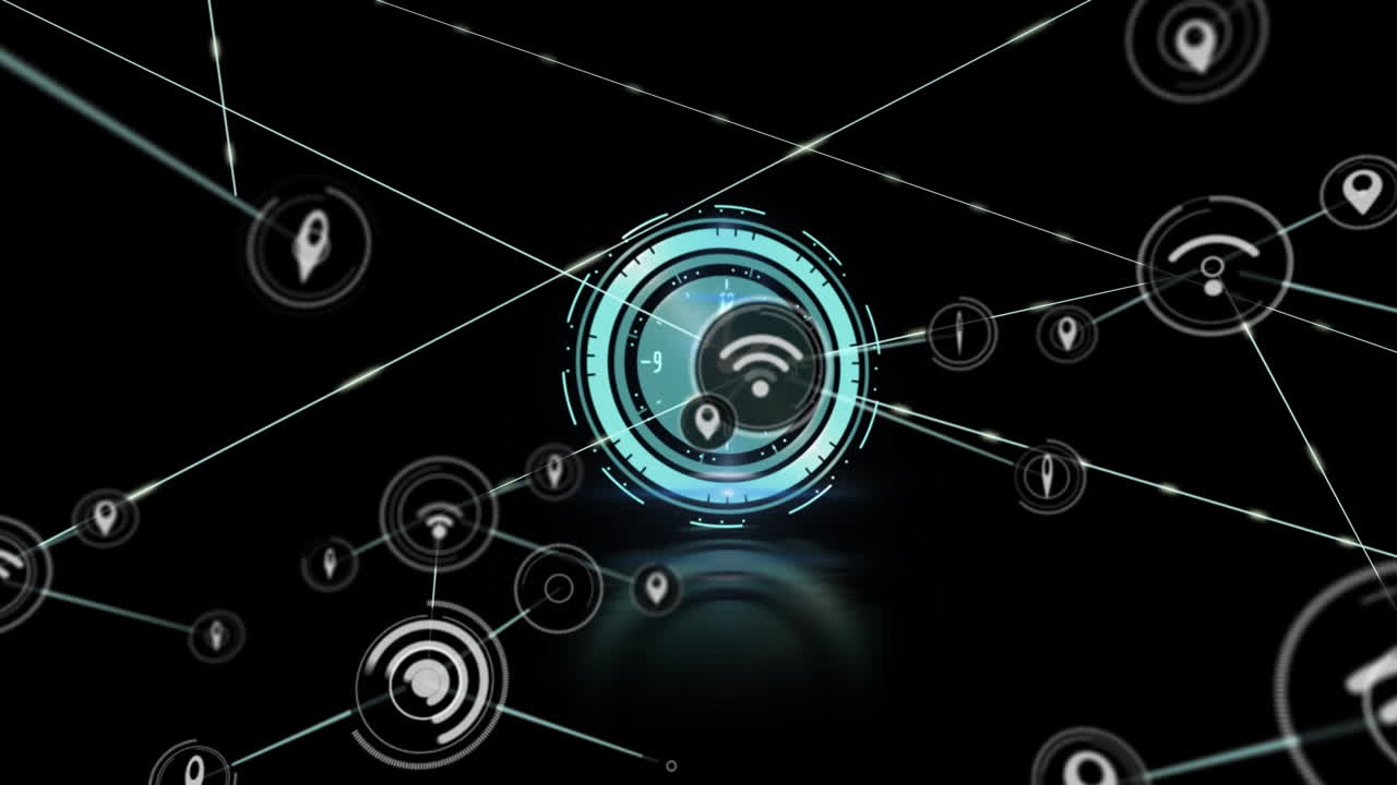 animación de la red de conexiones con iconos sobre un reloj en movimiento sobre fondo negro