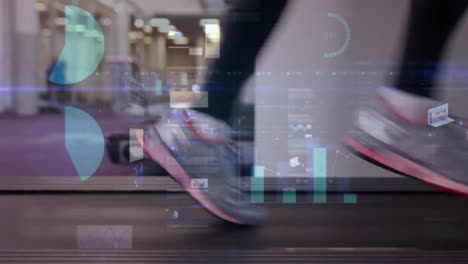 Animation-of-data-processing-over-woman-running-on-treadmill