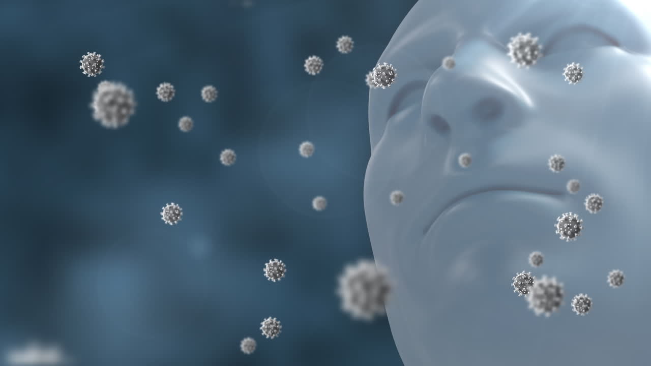 múltiples células de covid-19 flotando sobre el modelo de rostro humano contra un fondo azul