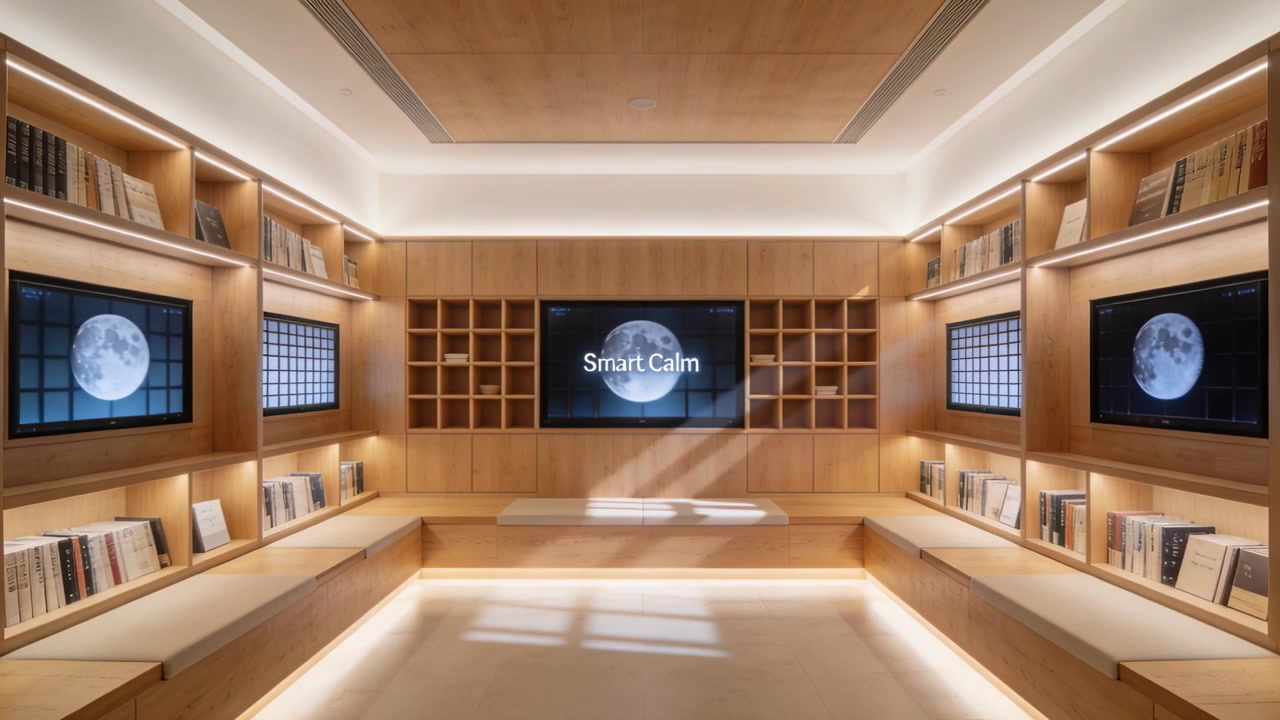 Luce solare che entra da una finestra invisibile, spostandosi su una panca lounge in legno e uno schermo Smart Calm.
