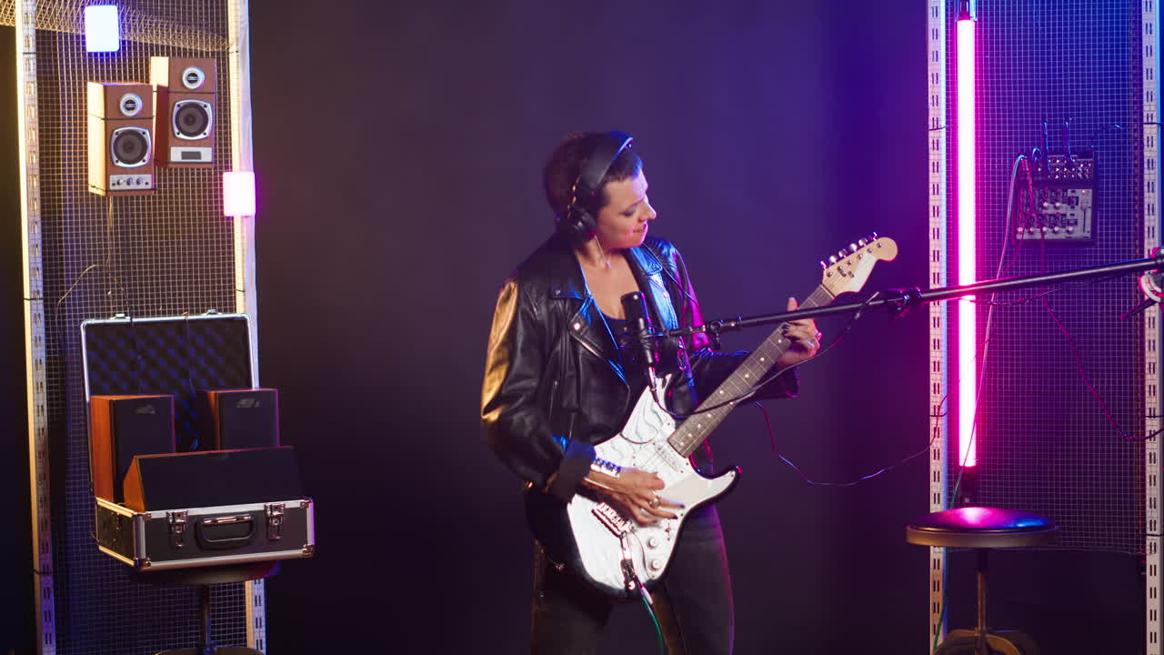 Woman Performing Music with Electric Guitar in Studio