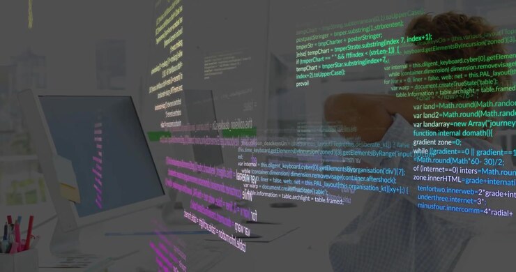 Upon code streams materializing on monitors, developer debugging code through swirling overlays