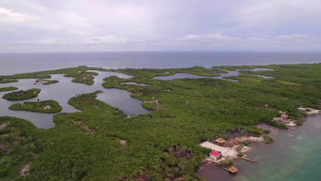 Aerial-shot-of-Tintipan-island-with-jungle-in-Colombia-at-overcast-day