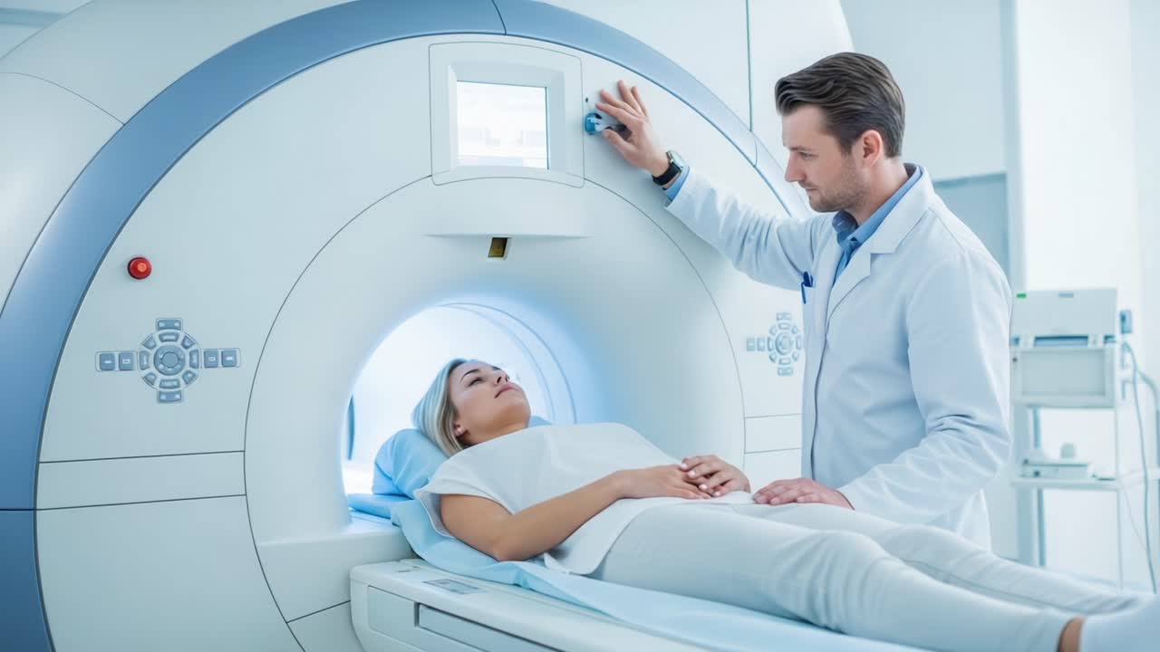 Medical Professional Overseeing Patient in MRI Machine, Ensuring Comfort and Safety During Imaging Procedure in a Modern Healthcare Environment