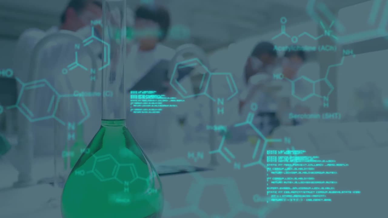 실험실에서 일하는 컵과 과학자들에 대한 과학적 데이터 처리 애니메이션