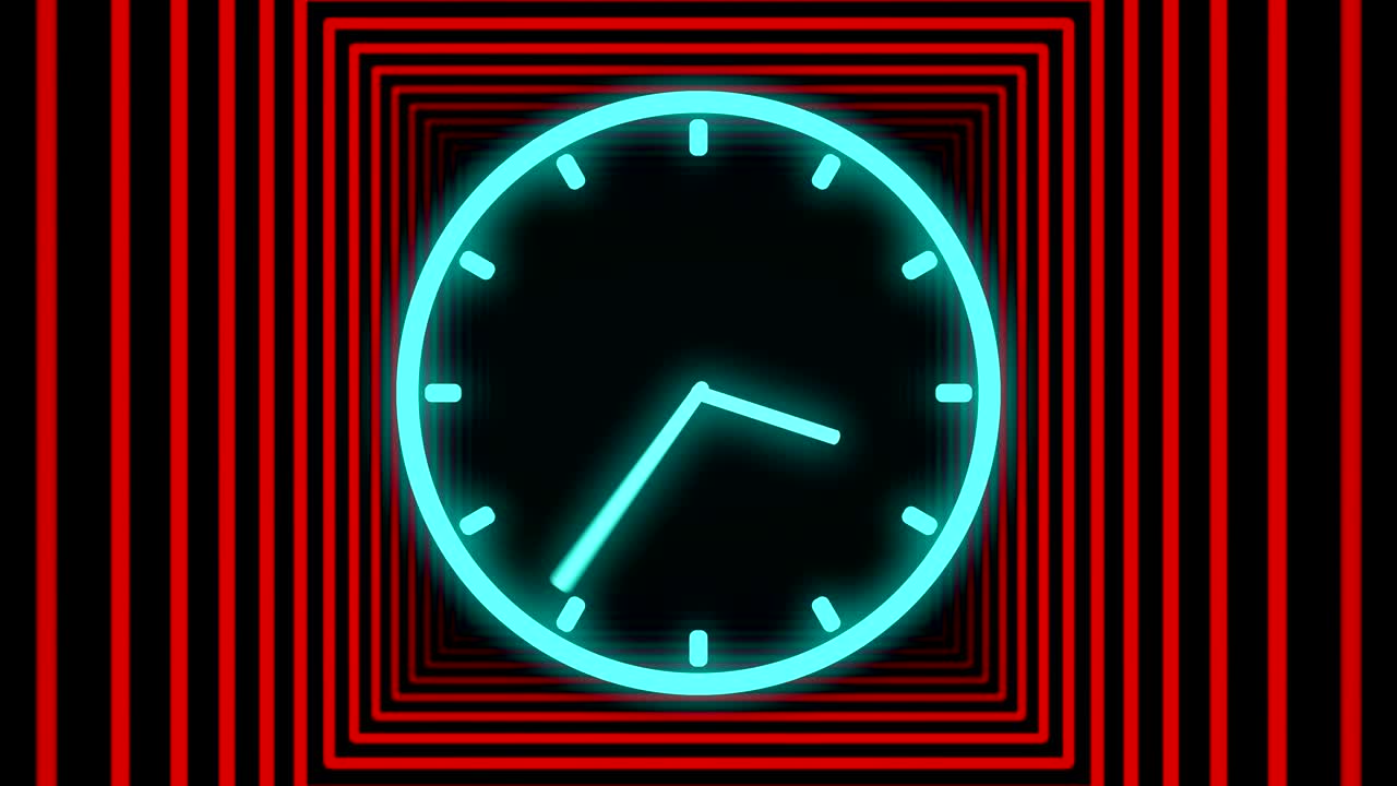 Fast moving clock Neon bright glowing spinning animation 3D rendering