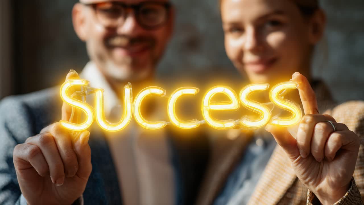 A joyful couple holding a glowing sign that spells 'Success,' celebrating achievements and positive moments together, radiating happiness and confidence in their partnership