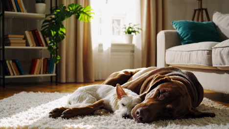 two dogs sleeping on a carpet in a cozy living room