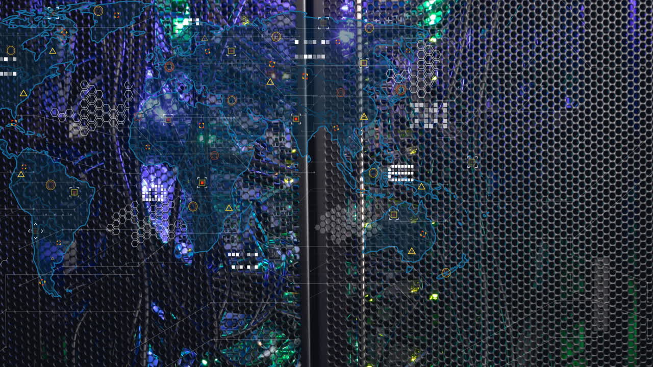 animación del mapa del mundo y procesamiento de datos contra el primer plano del servidor de computadora.