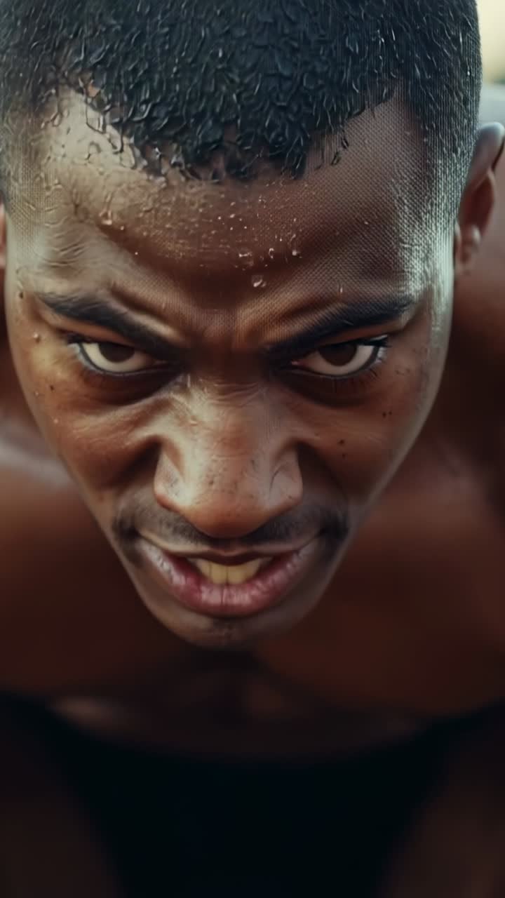 Close-up of an Intense and Sweaty Athlete Looking Up