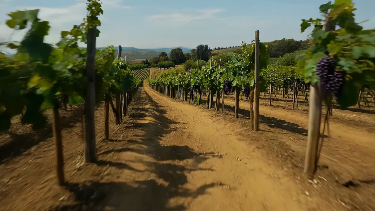 Tracciamento di una camera bassa centrale che si muove lungo una strada sterrata in un vigneto, rivelando traliccio e uva scura