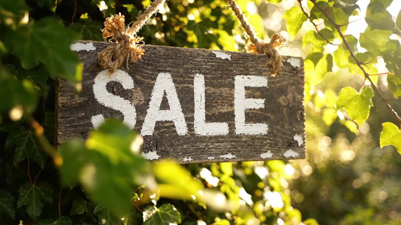 Cartello in legno con la scritta 'SALDI' appeso tra vivaci foglie di edera verde, catturando l'attenzione con fascino rustico e bellezza naturale in un accogliente ambiente esterno
