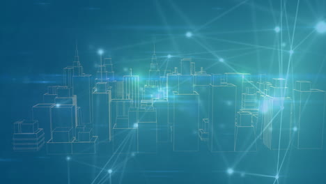 digital animation of network of connections against 3d city model spinning on blue background