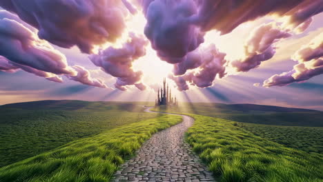 path to a distant fantasy castle under a dramatic sky with sunbeams