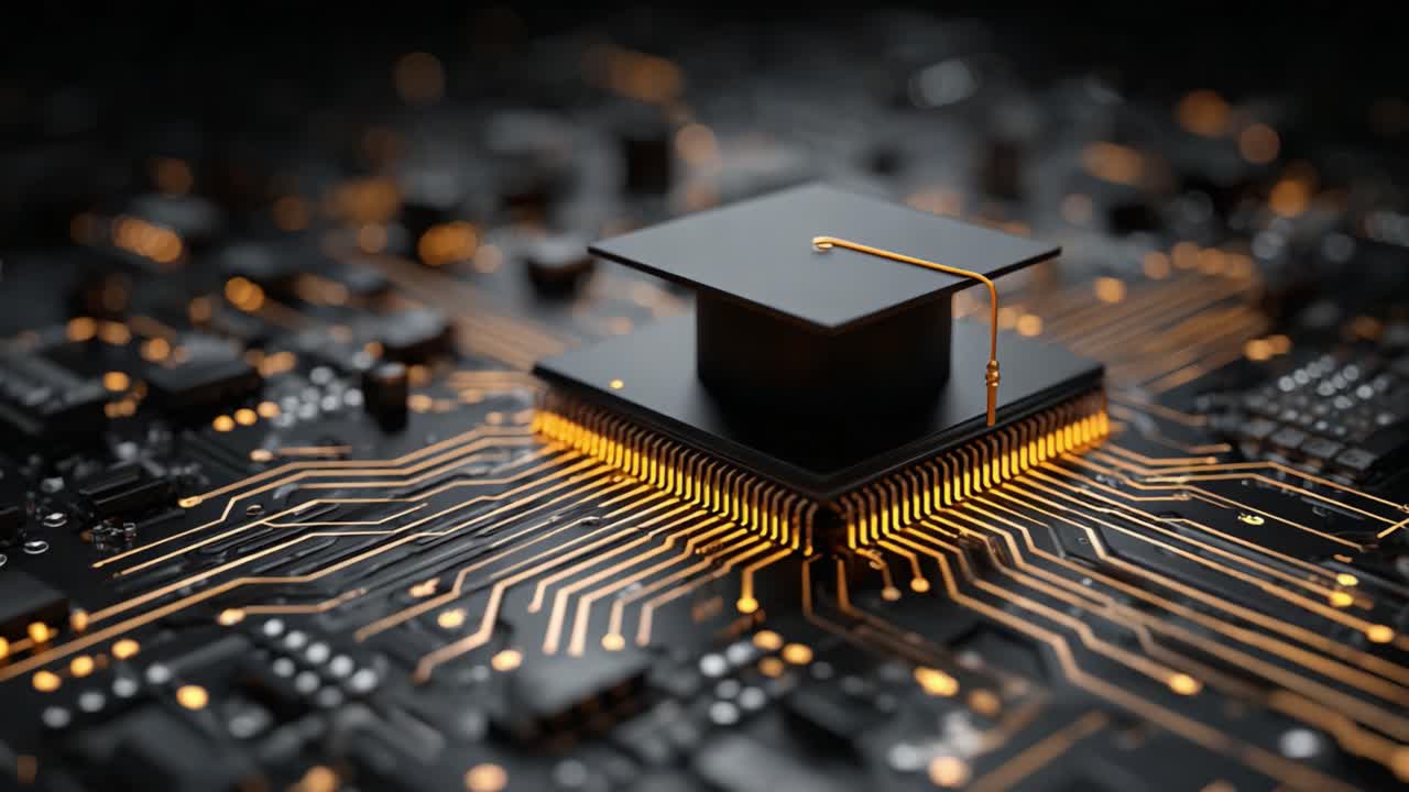 A Stunning Visual Representation of Innovation: A Graduation Cap atop a Microprocessor Symbolizing the Convergence of Technology and Education in a Digital Era