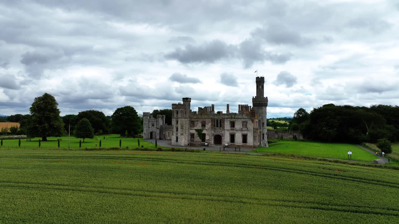 Ireland Epic locations drone panning right Ducketts Grove ruined castle in Carlow Ireland